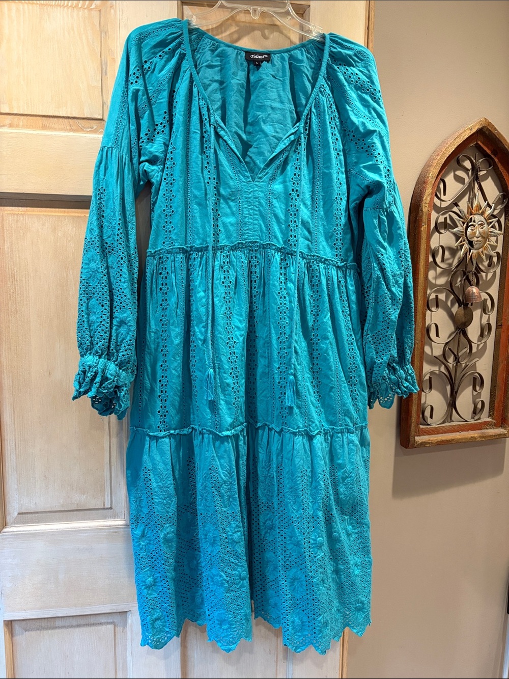 Tolani Turquoise Eyelet Tiered Boho Cotton Dress Size Large